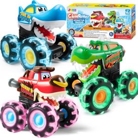 3 Pack Monster Truck Toy - Motion Activated Light Up Cars for Toddlers - Monster Glow Rover LED Wheels - Baby Boy Toys - Press and Go Dinosaur Tr